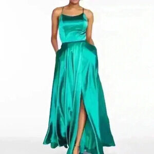 Betsy & Adam Emerald green satin gown